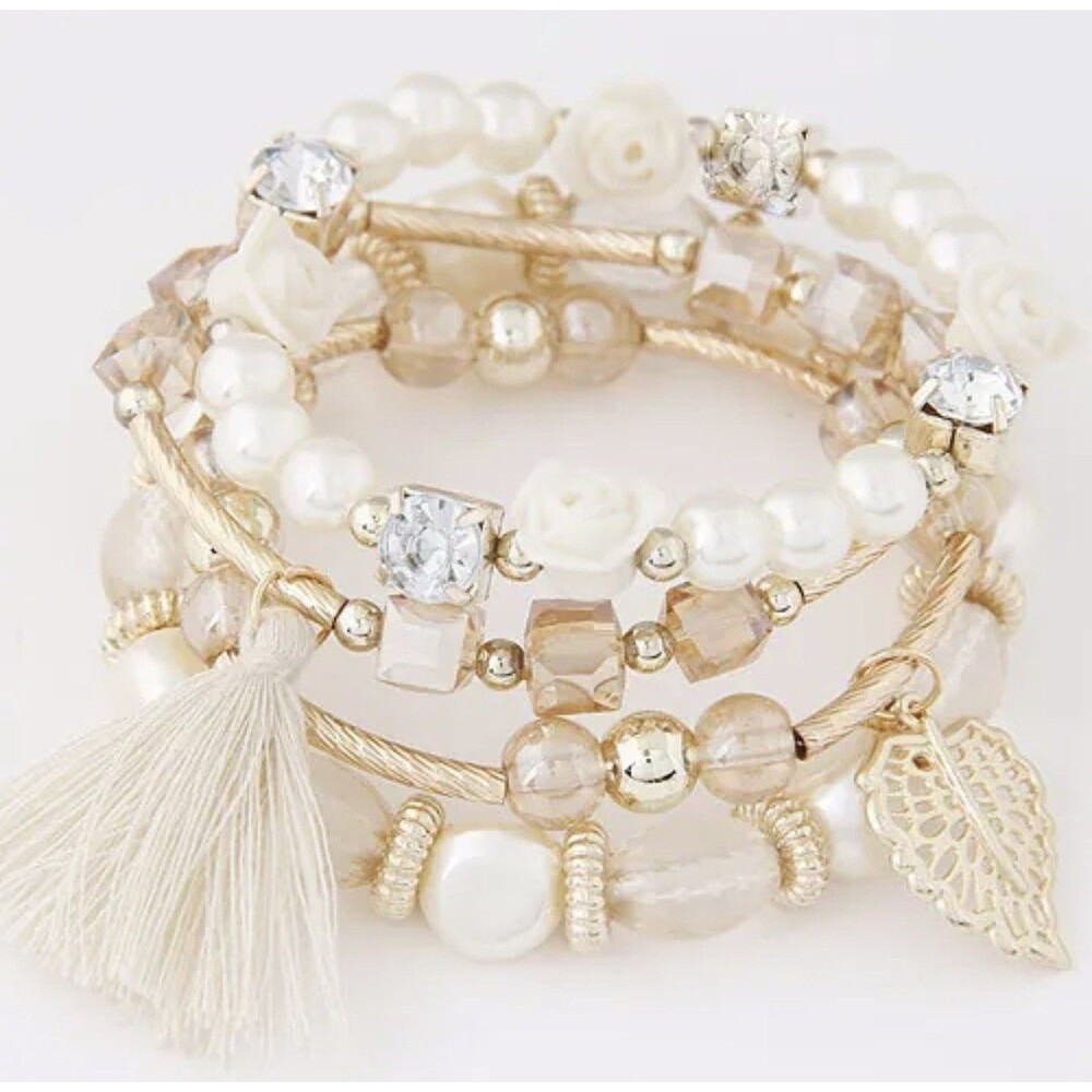 White Gold Boho Layered Bracelet Set Faux Pearl Floral Crystal Tassel Leaf NEW
